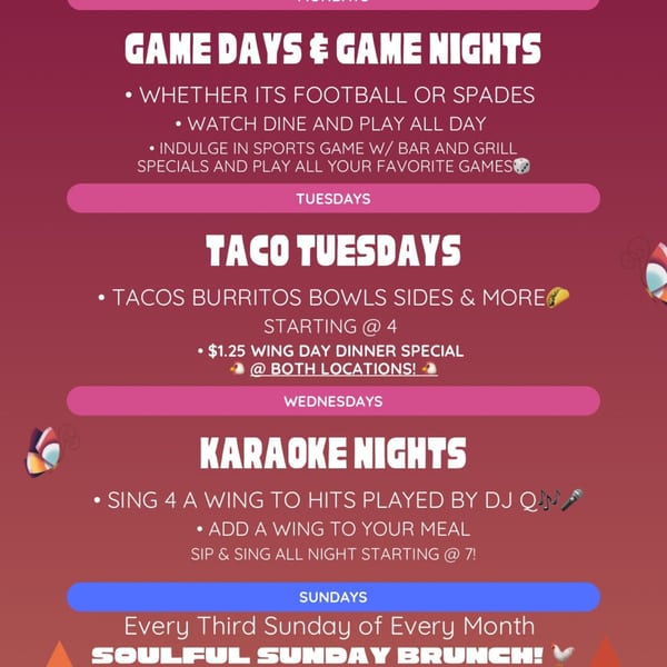 A menu board for Harold's 25, detailing daily specials like Game Nights, Taco Tuesdays, and Karaoke Nights.