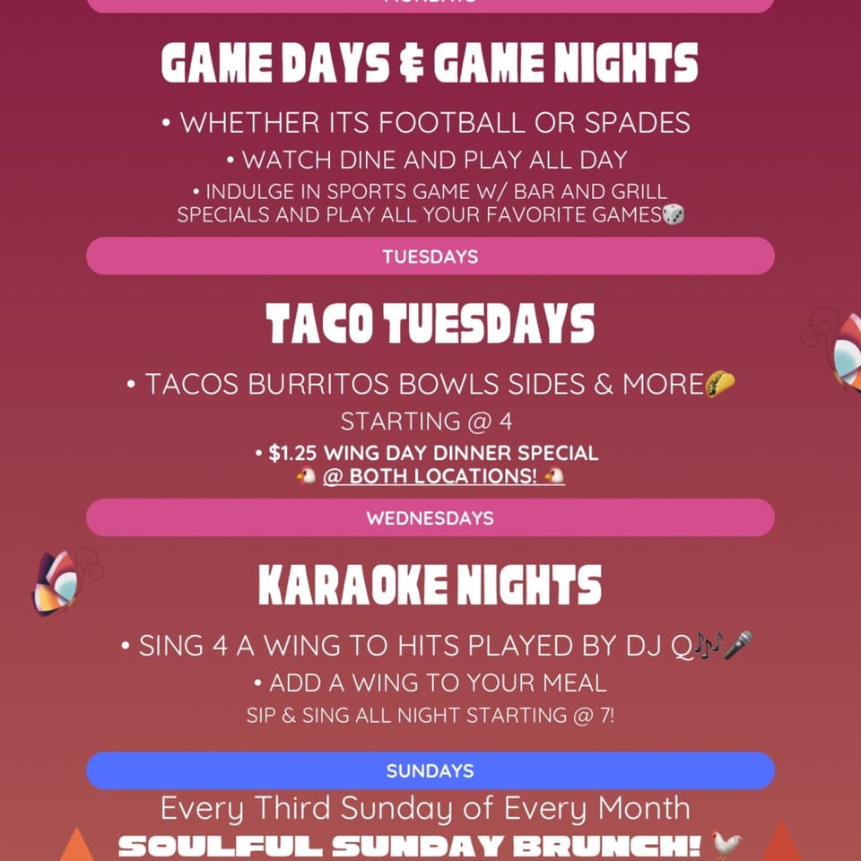 A menu board for Harold's 25, detailing daily specials like Game Nights, Taco Tuesdays, and Karaoke Nights.
