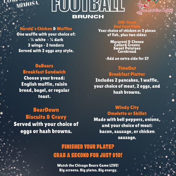 Harold's 25 fried chicken restaurant's Football Brunch menu with various breakfast and soul food options.