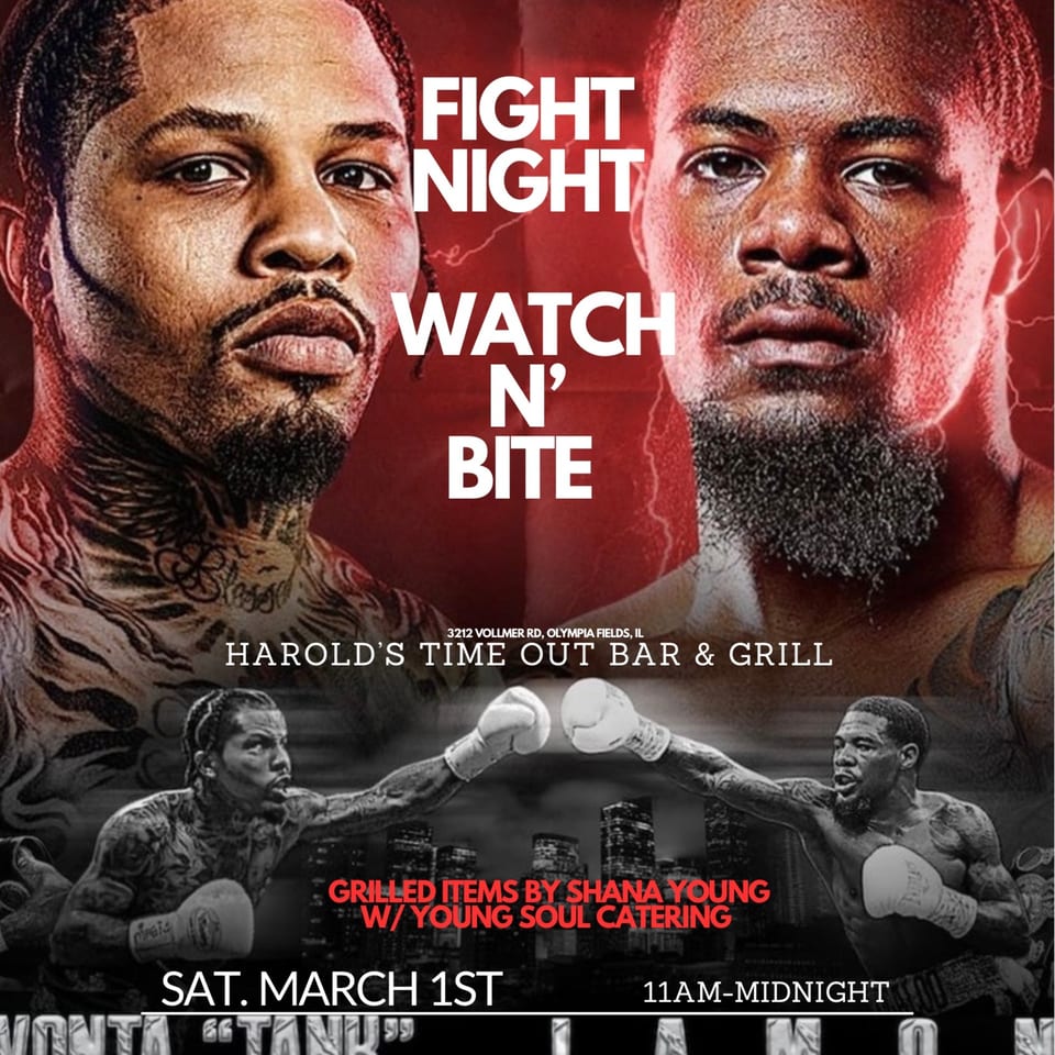 Boxing event flyer with two boxers' faces, text "FIGHT NIGHT WATCH N' BITE", and event details.