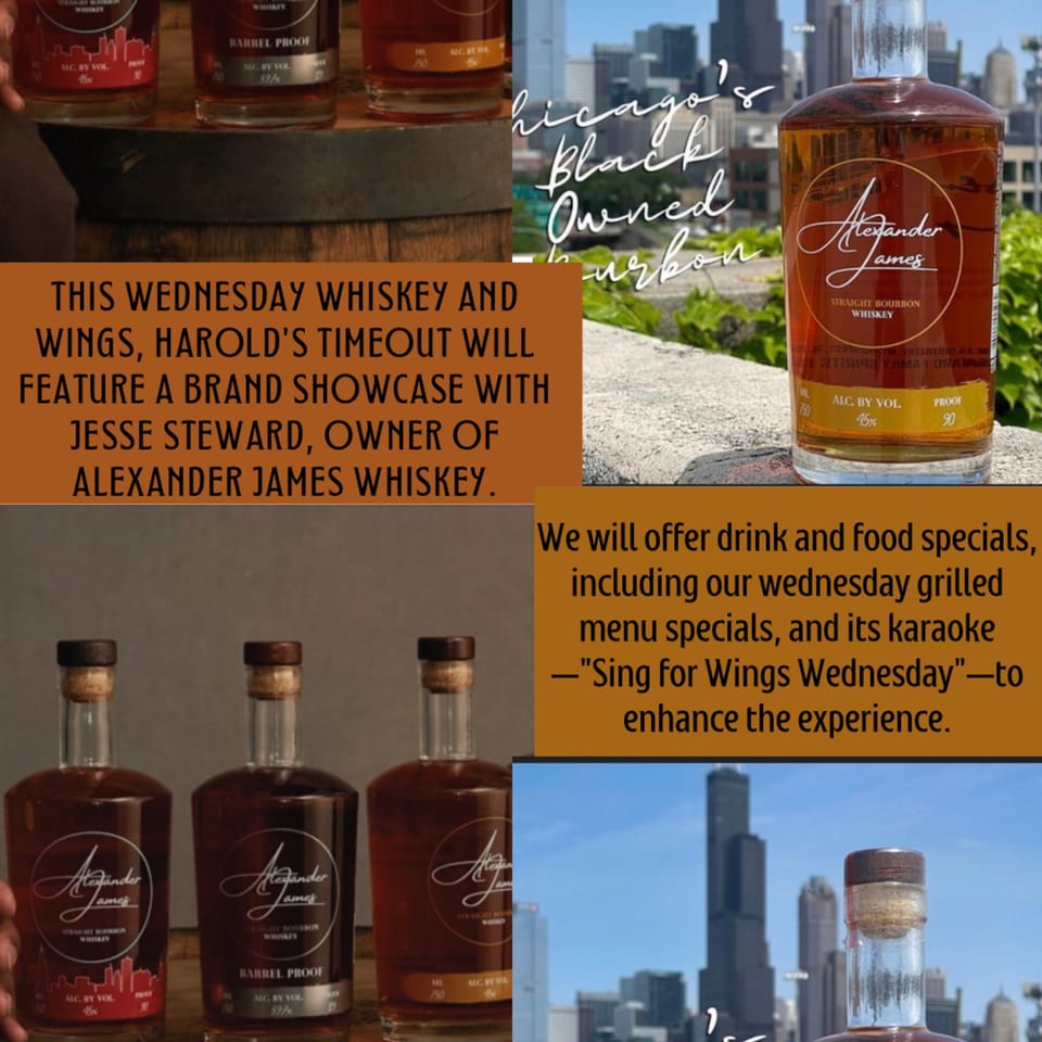 Alexander James Whiskey bottles with Chicago skyline in the background, promoting Harold's 25 event.