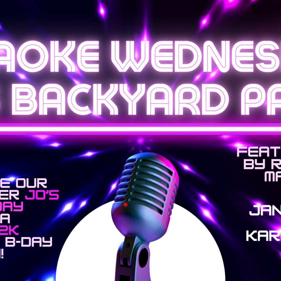 A vintage microphone with glowing purple text for "Karaoke Wednesday Backyard Party" on a dark background.