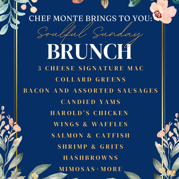 A blue flyer with a floral border advertises Harold's Soulful Sunday Brunch menu items.
