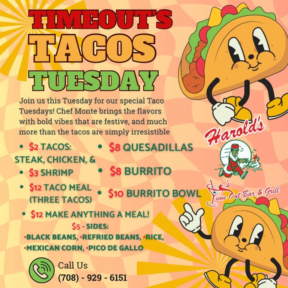 Harold's Taco Tuesday menu with cartoon tacos and prices for tacos, quesadillas, and burritos.