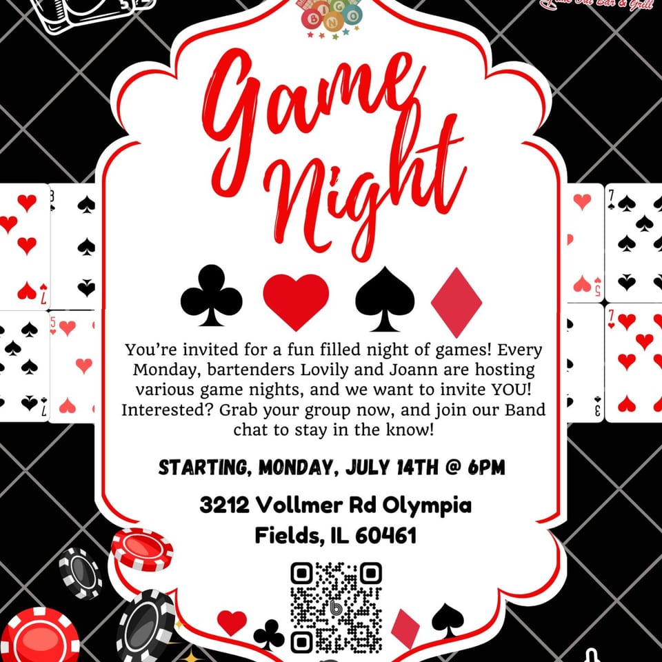 A Harold's 25 flyer for "Game Night" with playing cards, casino chips, and a QR code.