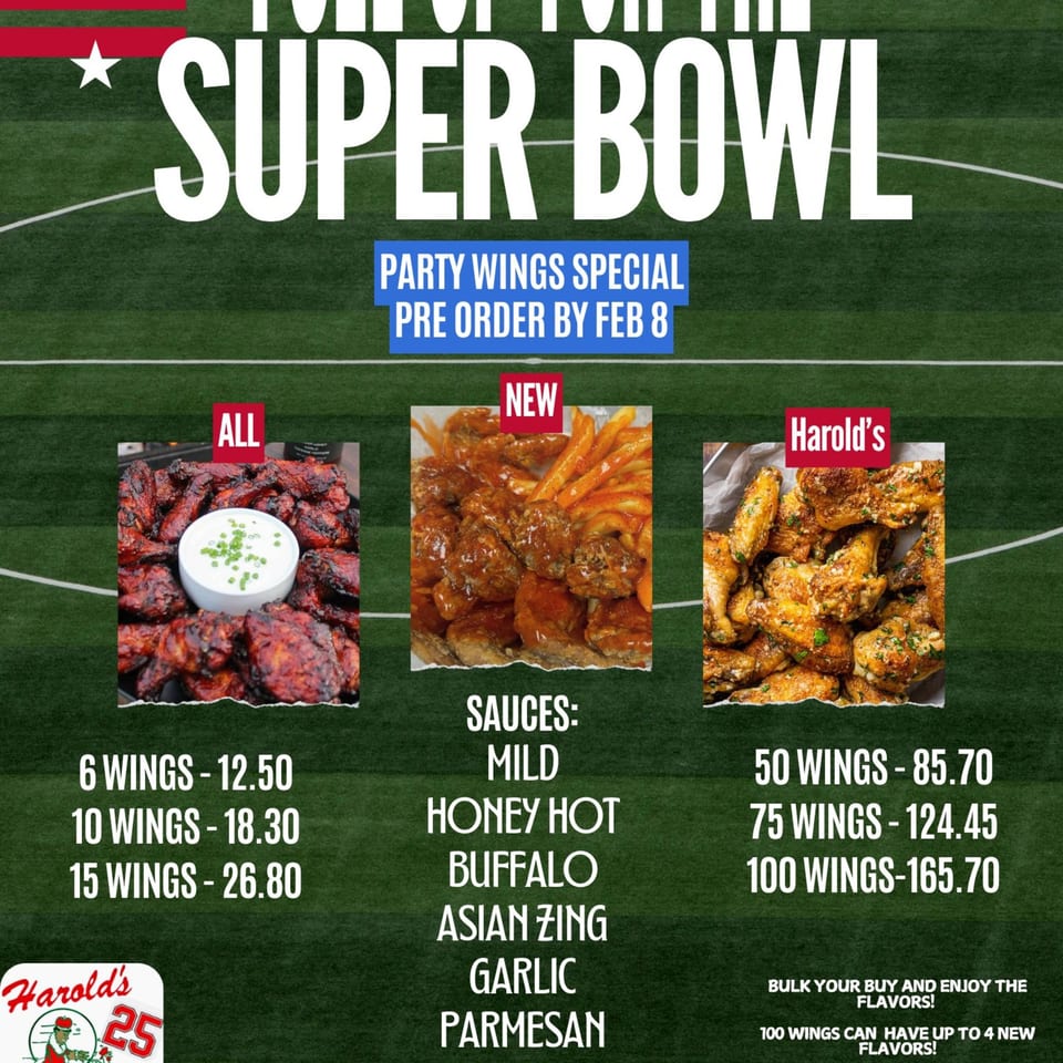 Harold's Super Bowl party wings special with three types of chicken wings and pricing.
