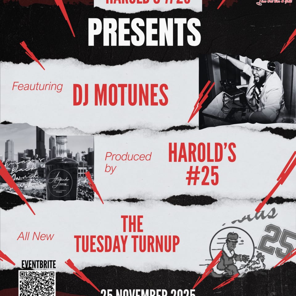Event flyer for Harold's #25 featuring DJ Motunes, a bourbon bottle, and a QR code.