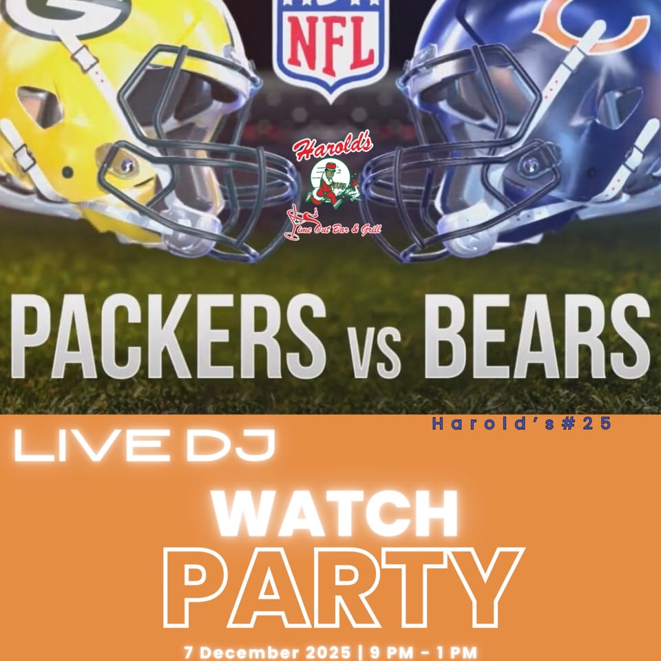 NFL watch party advertisement with Packers and Bears helmets, Harold's logo, and event details.