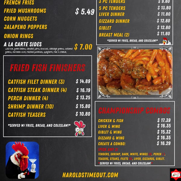 Harold's 25 menu featuring fried fish, chicken, and sides, with a fried chicken and fries dish.