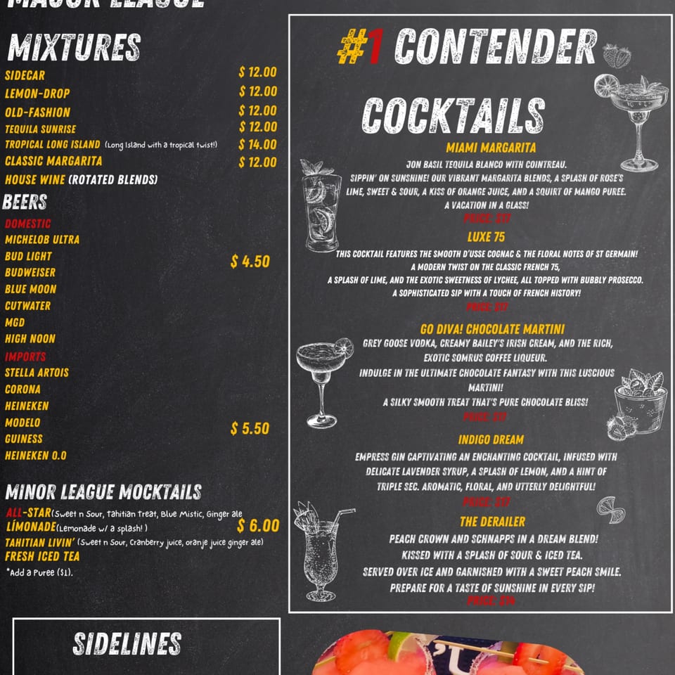 Harold's 25 drink menu featuring cocktails, beers, and mocktails with prices.