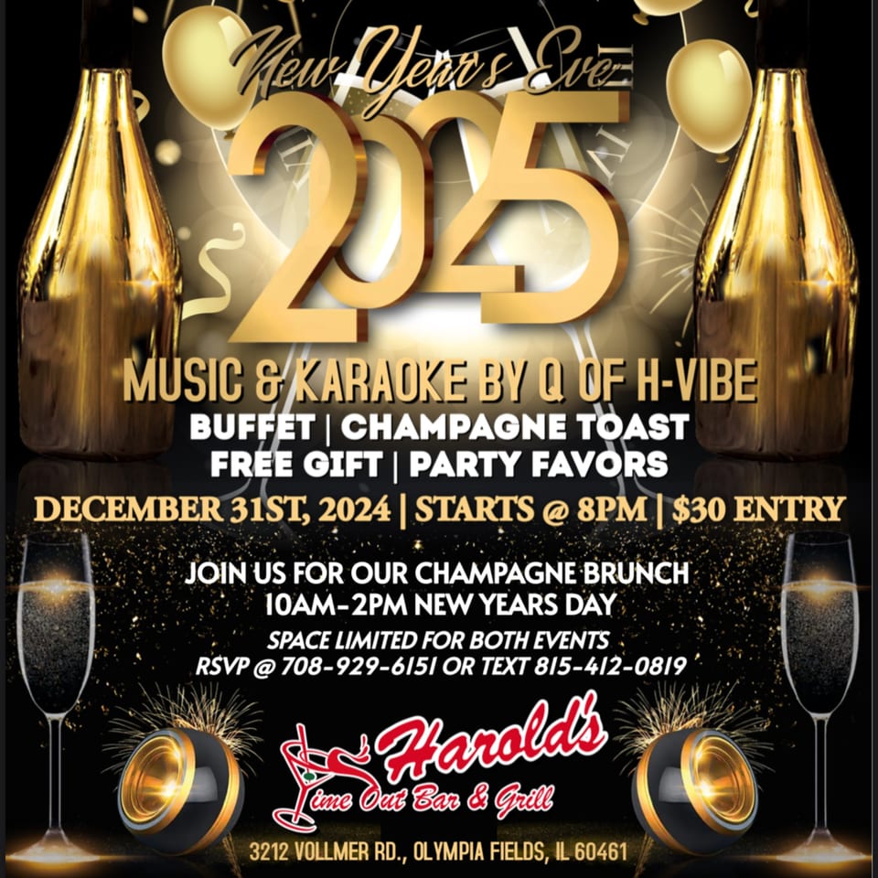Harold's New Year's Eve 2025 party flyer with champagne bottles, glasses, and golden balloons.