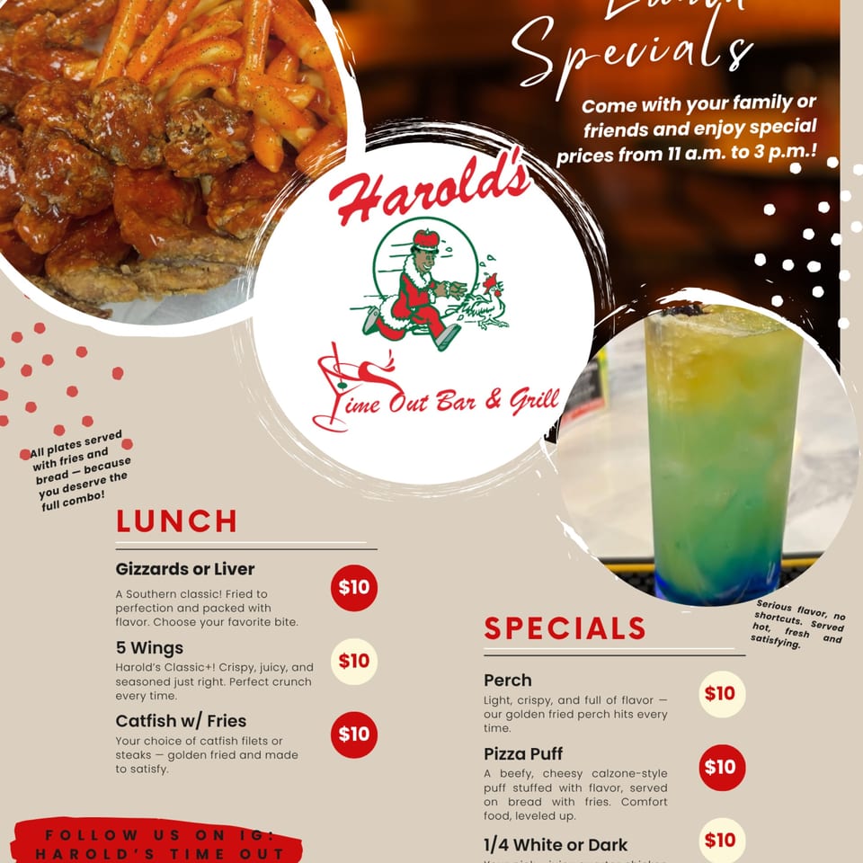 Harold's fried chicken wings with fries, a colorful drink, and the restaurant's logo.