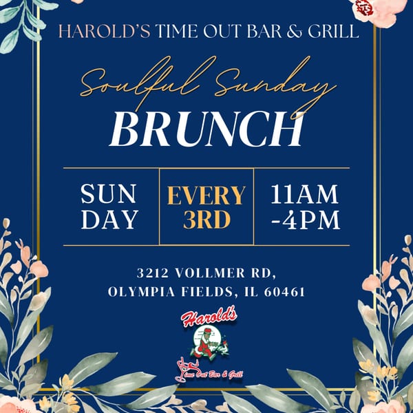 Harold's Time Out Bar & Grill Soulful Sunday Brunch advertisement with floral accents.