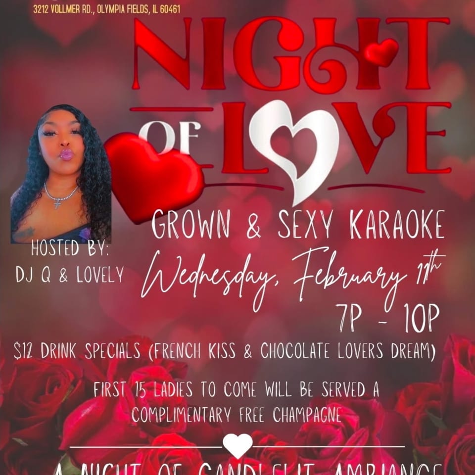 A promotional flyer for "Night of Love" karaoke event with a woman, red hearts, and roses.