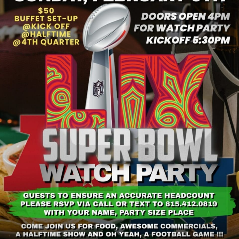 Super Bowl watch party flyer with the Lombardi Trophy and bold text announcing event details.