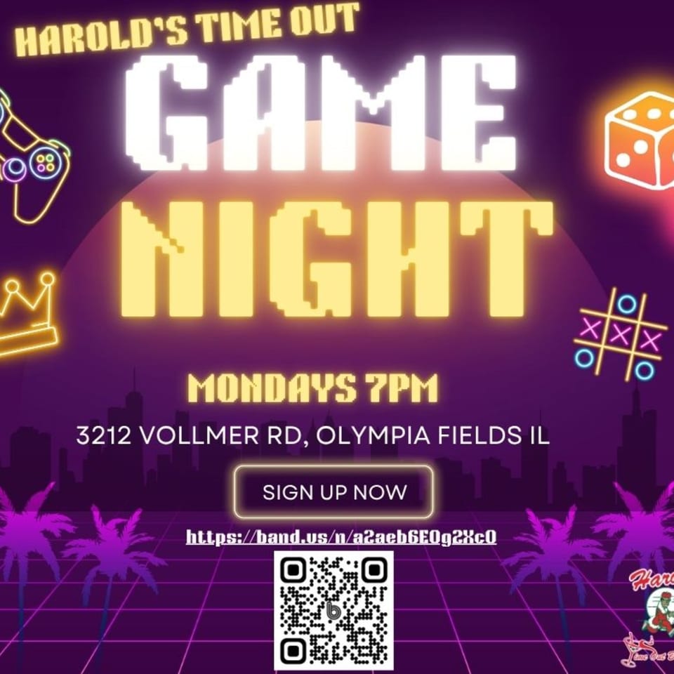 Harold's Time Out Game Night flyer with neon pixel art, including a QR code and palm trees.