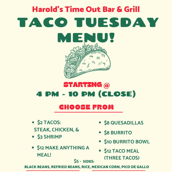Harold's Taco Tuesday menu, featuring tacos, quesadillas, burritos, and sides.