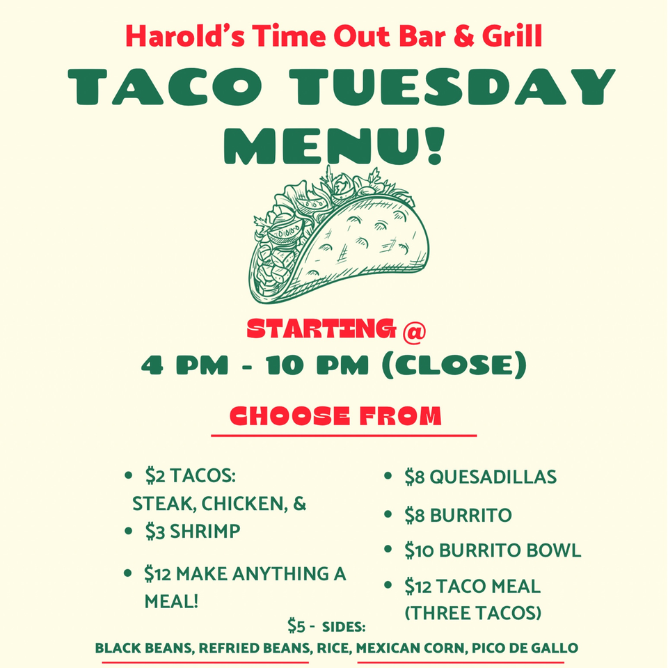 Harold's Taco Tuesday menu, featuring tacos, quesadillas, burritos, and sides.