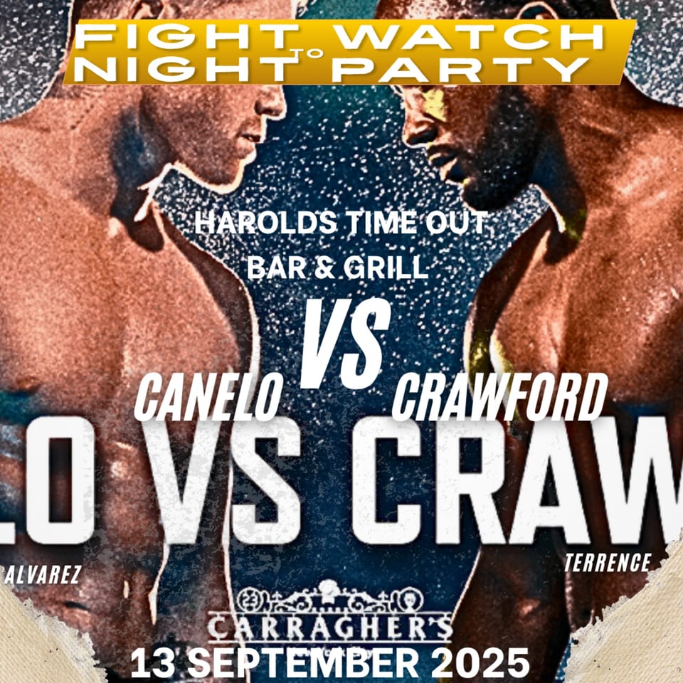 Promotional poster for a boxing fight night party at Harold's Time Out Bar & Grill.