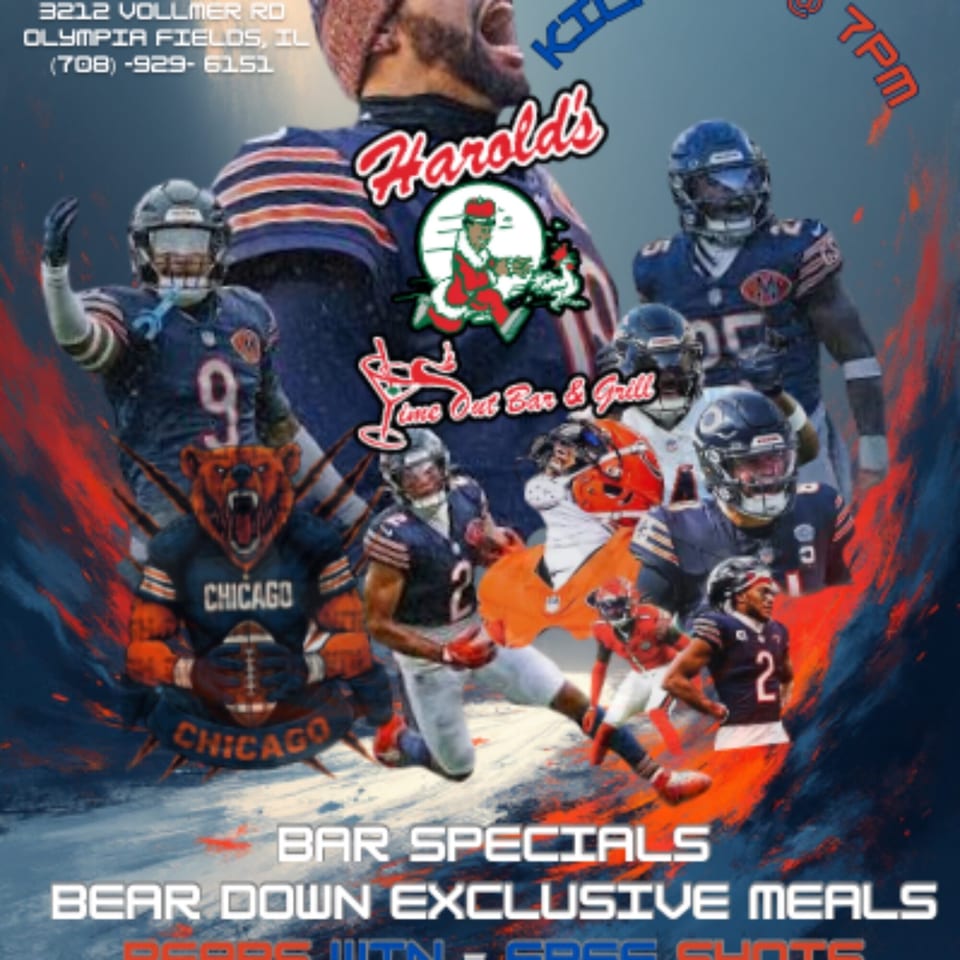 Harold's fried-chicken restaurant advertisement featuring Chicago Bears football players and logo.