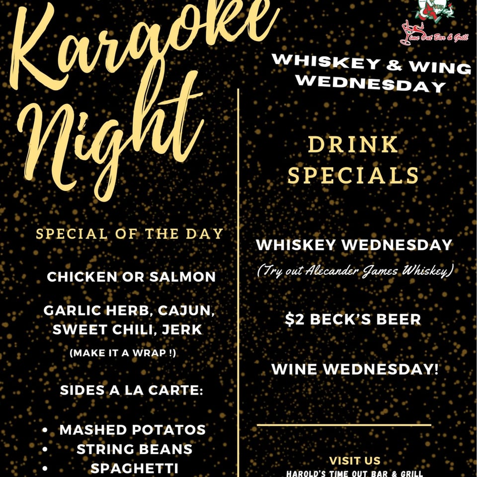A black menu with gold text advertising "Karaoke Night" and Harold's Wednesday specials.