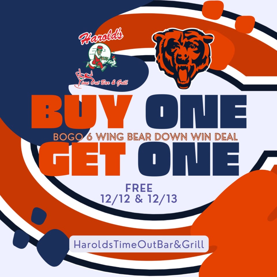 Harold's Time Out Bar & Grill BOGO 6 wing deal graphic with a bear logo.