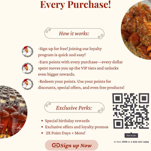 Harold's 25 loyalty program advertisement with fried chicken, bottled drinks, and a QR code.