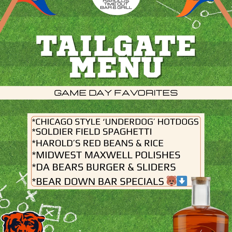 Harold's Tailgate Menu with football field background, listing Chicago-themed dishes and drinks.