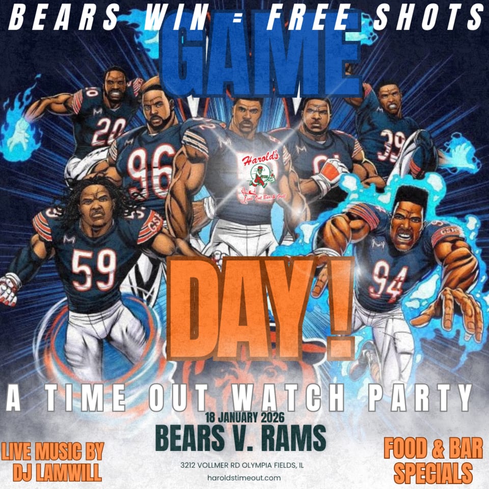Harold's Time Out Bar & Grill flyer for a Bears vs. Rams watch party with football players.
