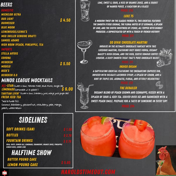 A menu for Harold's 25, featuring beers, mocktails, sidelines, and desserts, with two pink drinks and a rooster.