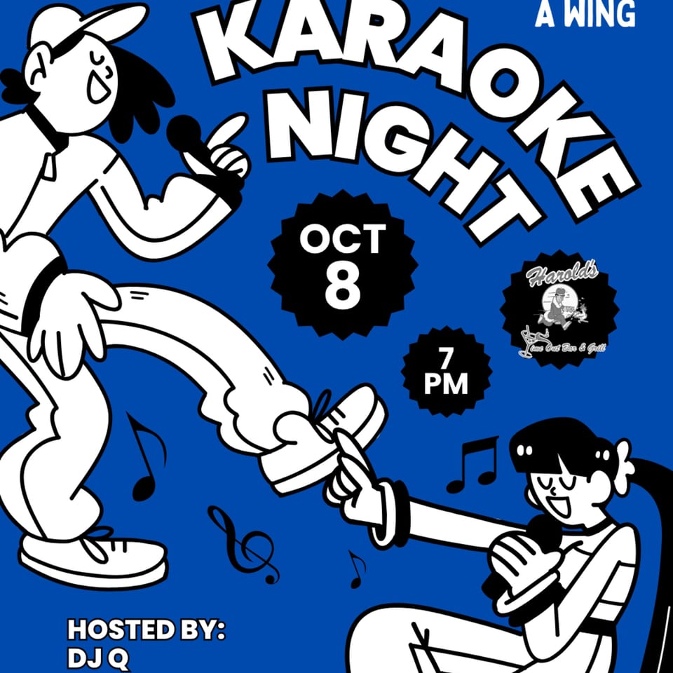 Cartoon people singing karaoke at Harold's 25, with event details for October 8th at 7 PM.