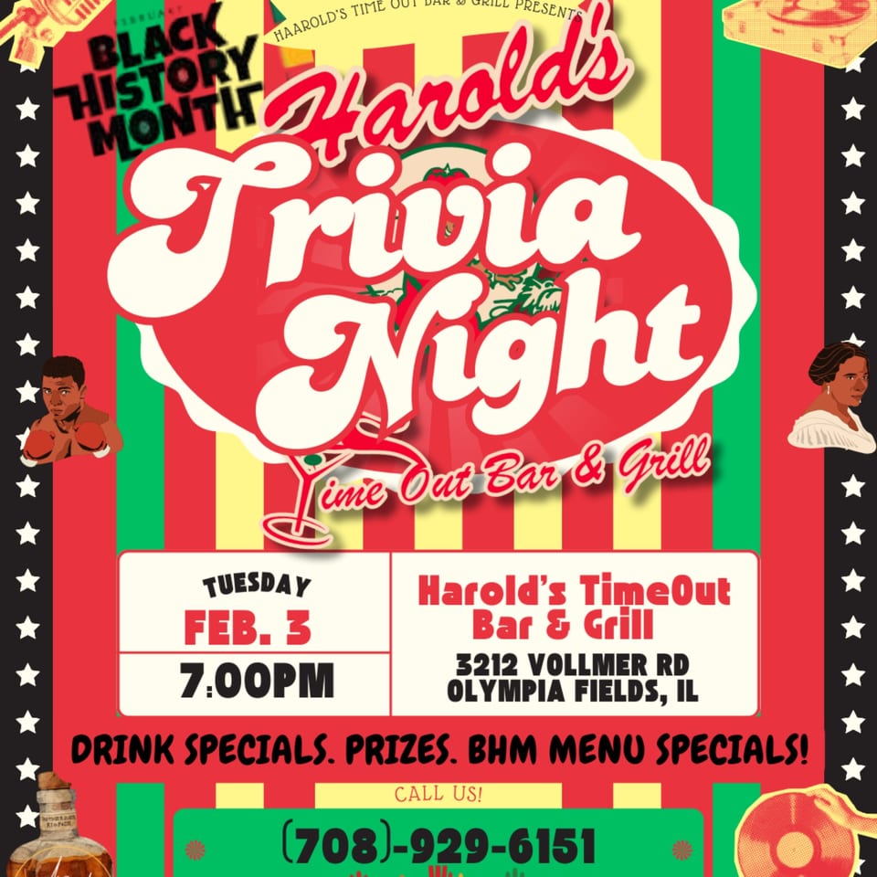 Harold's Trivia Night flyer with red, green, yellow, and black stripes, stars, and event details.