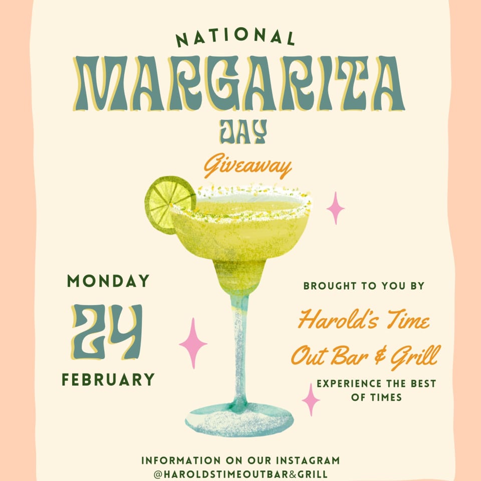 A National Margarita Day giveaway graphic from Harold's Time Out Bar & Grill, featuring a margarita.