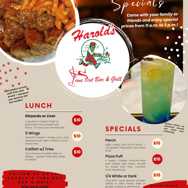 A Harold's 25 menu featuring fried chicken wings with fries and a green cocktail.