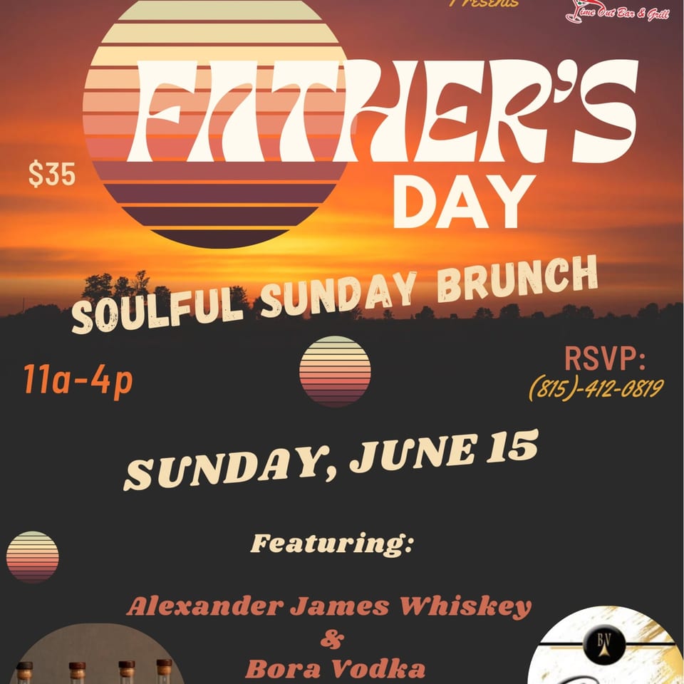 Harold's 25 Father's Day Soulful Sunday Brunch flyer with sunset background and text details.