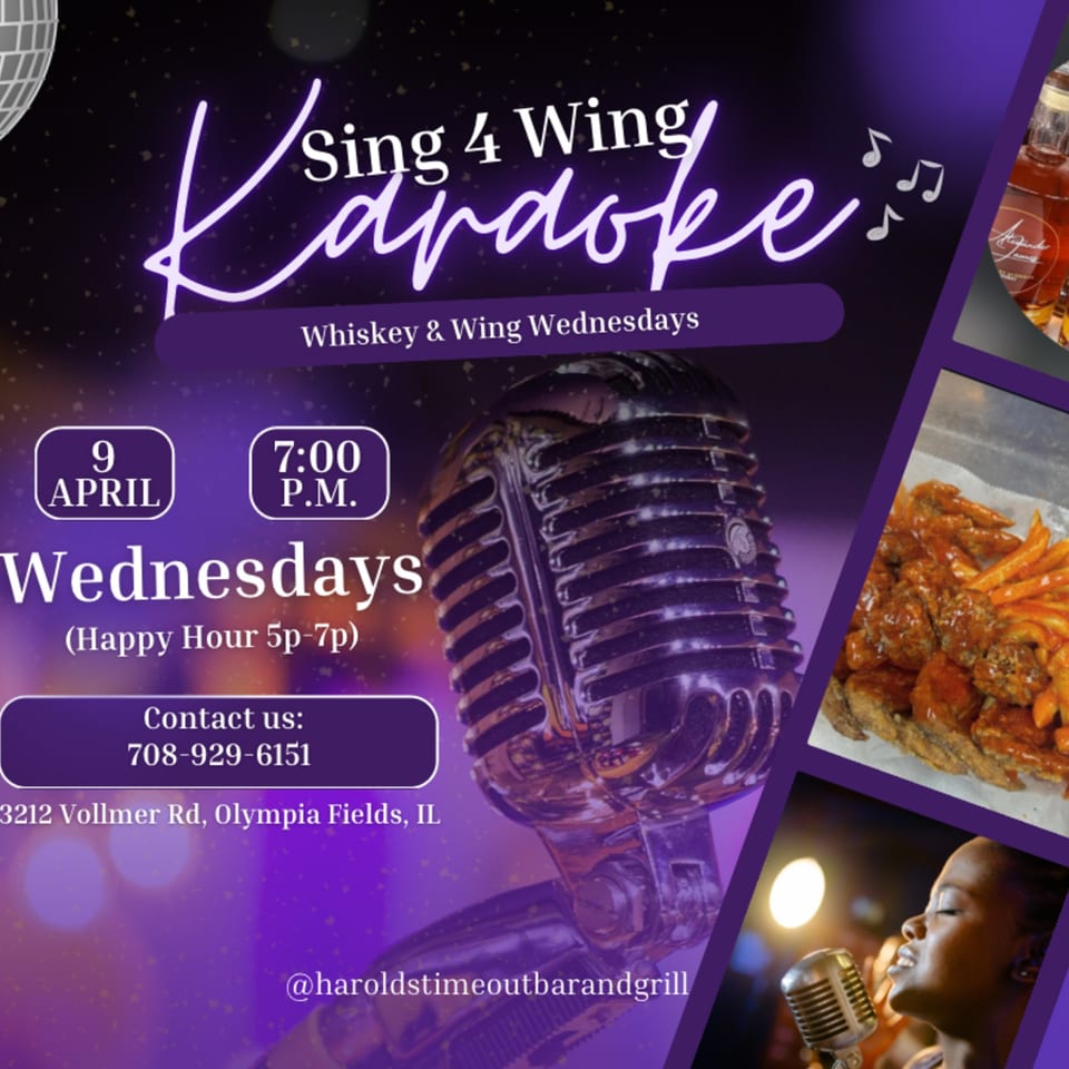 Harold's 25 'Sing 4 Wing Karaoke' event flyer with fried chicken, whiskey, and a singer.
