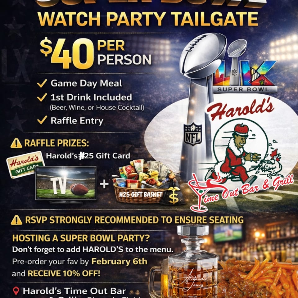 A Super Bowl watch party tailgate flyer for Harold's, featuring food, drinks, and raffle prizes.