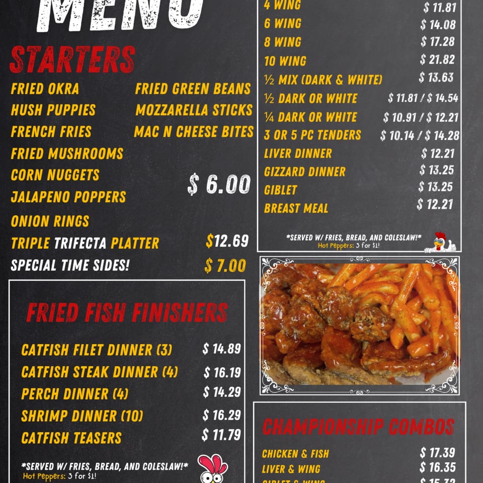 Harold's 25 menu displaying fried chicken, fish, and sides with prices.