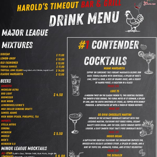 Harold's Timeout Bar & Grill drink menu with cocktails, beers, and mocktails listed on a chalkboard.
